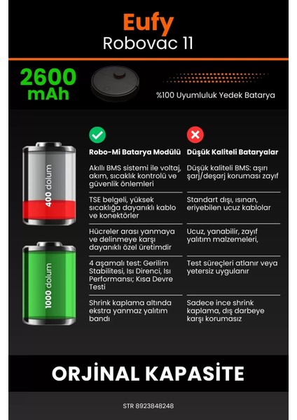 Robo- Mi Eufy Robovac 11 2600MAH Robot Süpürge Bataryası - Koruma Katmanlı Batarya Teknolojisi