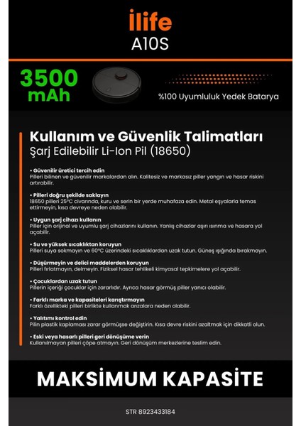 Ilife A10S 3500MAH Robot Süpürge Bataryası - Sertifikalı Güvenlik, Gerçek Kapasite