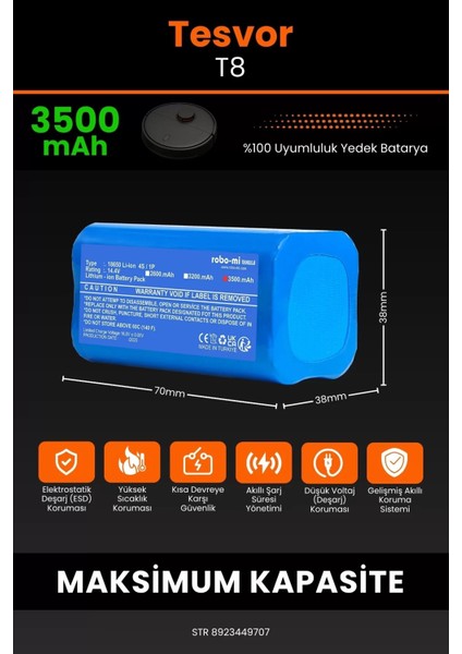 Tesvor T8 3500MAH Robot Süpürge Bataryası - Yüksek Yoğunluklu Li-Ion Hücre