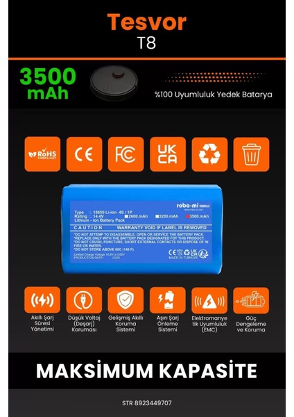 Tesvor T8 3500MAH Robot Süpürge Bataryası - Yüksek Yoğunluklu Li-Ion Hücre