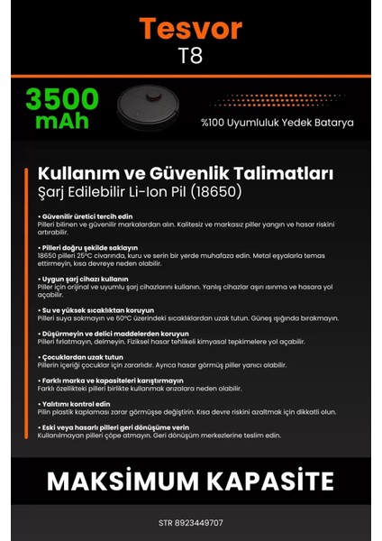 Tesvor T8 3500MAH Robot Süpürge Bataryası - Yüksek Yoğunluklu Li-Ion Hücre