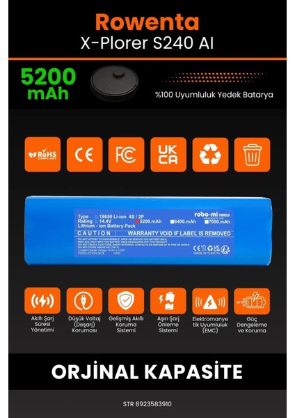 Rowenta X-Plorer S240 Aı 5200MAH Robot Süpürge Bataryası - Yüksek Yoğunluklu Li-Ion Hücre