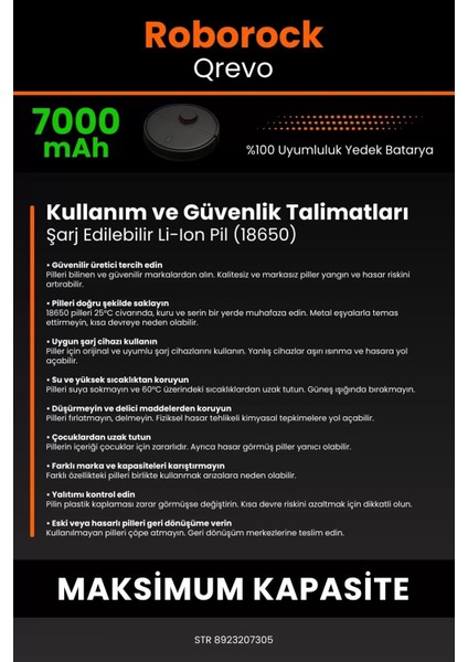 Roborock Qrevo 7000MAH Robot Süpürge Bataryası - Yüksek Yoğunluklu Li-Ion Hücre