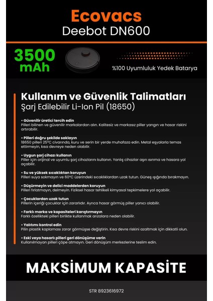 Robo- Mi Ecovacs Deebot DN600 3500MAH Robot Süpürge Bataryası - Koruma Katmanlı Batarya Teknolojisi