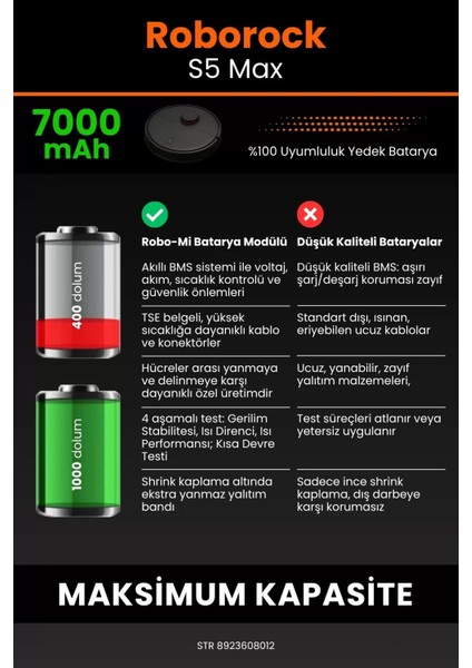 Roborock S5 Max 7000MAH Robot Süpürge Bataryası - Gerçek Kapasite, Maksimum Güvenlik
