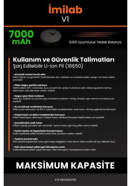 Robo- Mi Imilab V1 7000MAH Robot Süpürge Bataryası - Yüksek Yoğunluklu Li- Ion Hücre