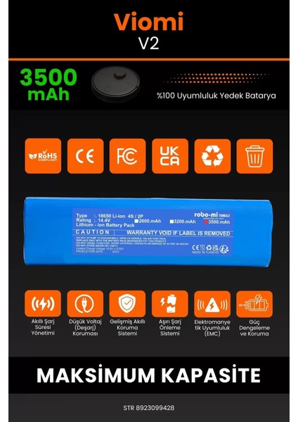 Viomi V2 3500MAH Robot Süpürge Bataryası - Yüksek Yoğunluklu Li-Ion Hücre modelleri