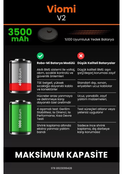 Viomi V2 3500MAH Robot Süpürge Bataryası - Yüksek Yoğunluklu Li-Ion Hücre