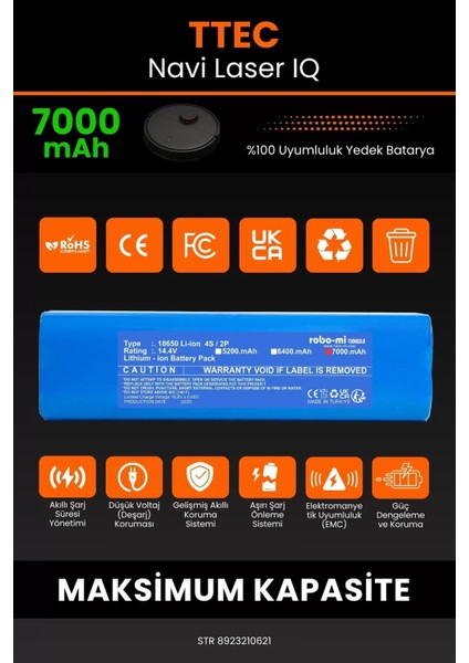 Robo- Mi Ttec Navi Laser Iq 7000MAH Robot Süpürge Bataryası - Gerçek Kapasite, Maksimum Güvenlik modelleri