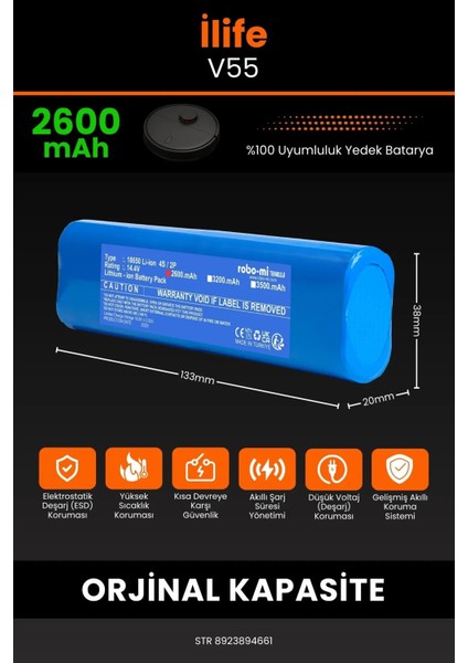 Ilife V55 2600MAH Robot Süpürge Bataryası - Yüksek Yoğunluklu Li-Ion Hücre fiyatları