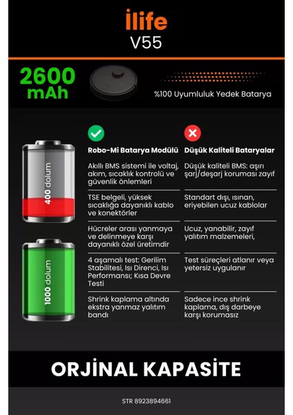 Ilife V55 2600MAH Robot Süpürge Bataryası - Yüksek Yoğunluklu Li-Ion Hücre
