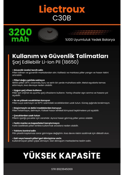 Robo- Mi Liectroux C30B 3200MAH Robot Süpürge Bataryası - Yüksek Yoğunluklu Li- Ion Hücre
