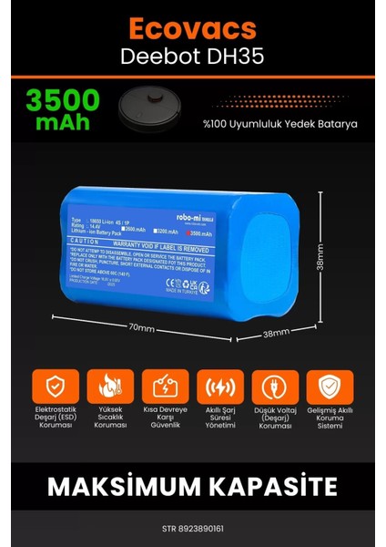 Ecovacs Deebot DH35 3500MAH Robot Süpürge Bataryası - Yüksek Yoğunluklu Li-Ion Hücre
