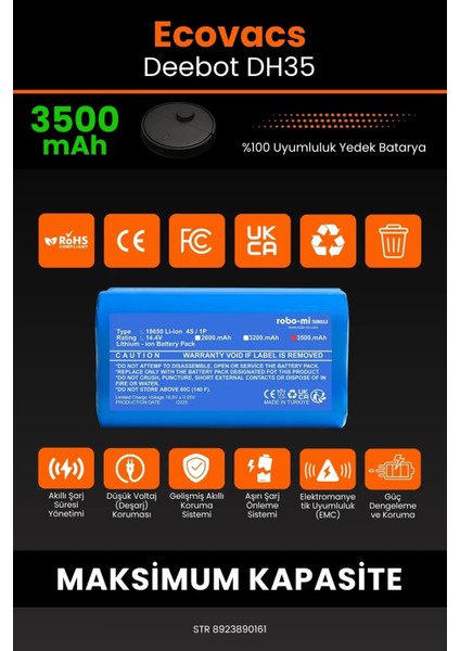 Ecovacs Deebot DH35 3500MAH Robot Süpürge Bataryası - Yüksek Yoğunluklu Li-Ion Hücre