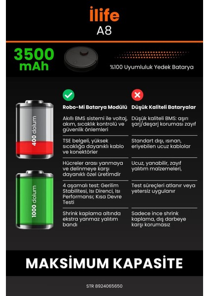 Ilife A8 3500MAH Robot Süpürge Bataryası - Koruma Katmanlı Batarya Teknolojisi