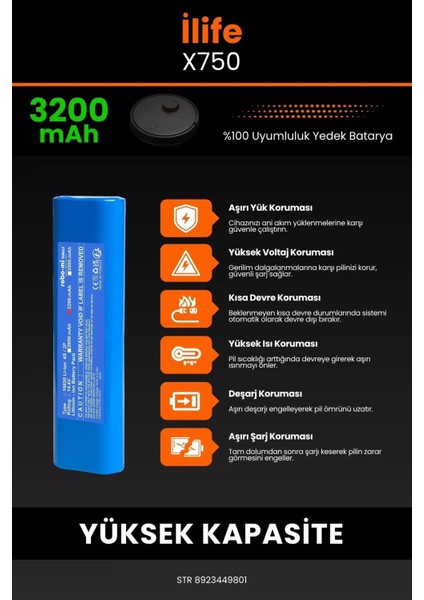 Ilife X750 3200MAH Robot Süpürge Bataryası - Sertifikalı Güvenlik, Gerçek Kapasite