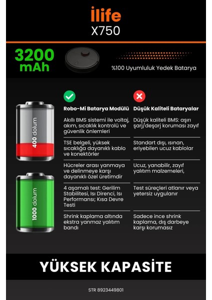 Ilife X750 3200MAH Robot Süpürge Bataryası - Sertifikalı Güvenlik, Gerçek Kapasite