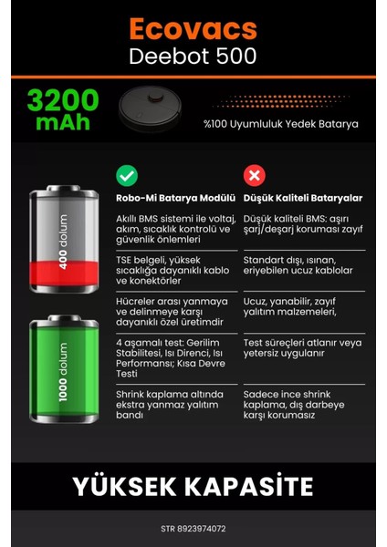 Robo- Mi Ecovacs Deebot 500 3200MAH Robot Süpürge Bataryası - Sertifikalı Güvenlik, Gerçek Kapasite