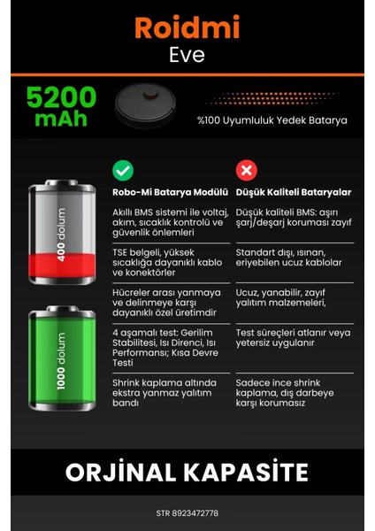 Robo- Mi Roidmi Eve 5200MAH Robot Süpürge Bataryası - Yüksek Yoğunluklu Li- Ion Hücre