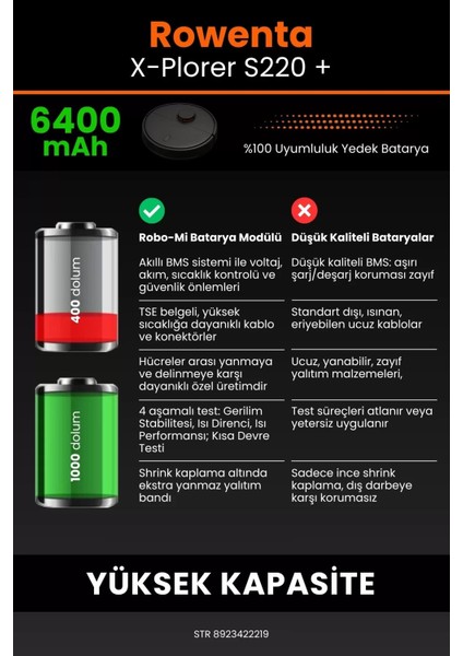 Rowenta X-Plorer S220 + 6400MAH Robot Süpürge Bataryası - Sertifikalı Güvenlik, Gerçek Kapasite