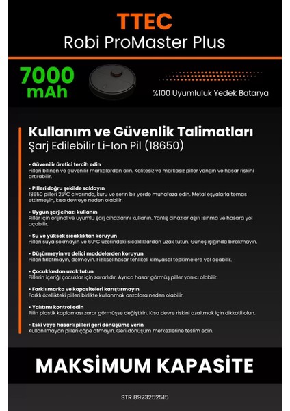 Ttec Robi Promaster Plus 7000MAH Robot Süpürge Bataryası - Koruma Katmanlı Batarya Teknolojisi