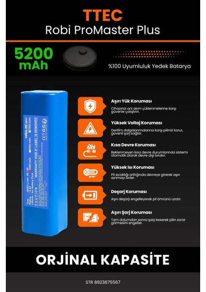 Ttec Robi Promaster Plus 5200MAH Robot Süpürge Bataryası - Gerçek Kapasite, Maksimum Güvenlik indirimleri