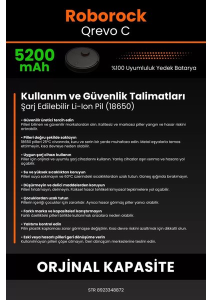 Roborock Qrevo C 5200MAH Robot Süpürge Bataryası - Yüksek Yoğunluklu Li-Ion Hücre