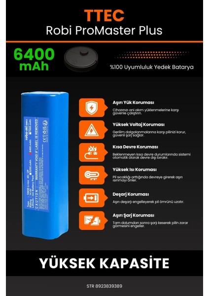 Robo- Mi Ttec Robi Promaster Plus 6400MAH Robot Süpürge Bataryası - Sertifikalı Güvenlik, Gerçek Kapasite indirimleri