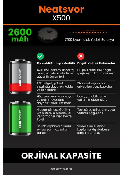 Neatsvor X500 2600MAH Robot Süpürge Bataryası - Yüksek Yoğunluklu Li-Ion Hücre