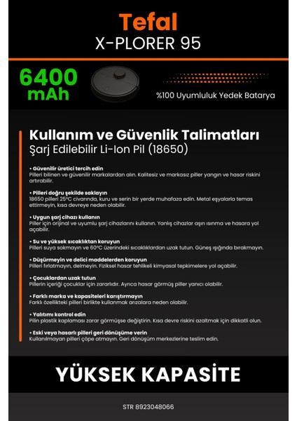 Tefal X-Plorer 95 6400MAH Robot Süpürge Bataryası - Gerçek Kapasite, Maksimum Güvenlik