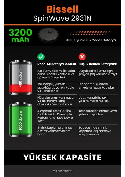 Bissell Spinwave 2931N 3200MAH Robot Süpürge Bataryası - Gerçek Kapasite, Maksimum Güvenlik