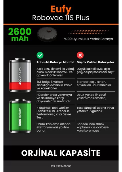Eufy Robovac 11S Plus 2600MAH Robot Süpürge Bataryası - Gerçek Kapasite, Maksimum Güvenlik