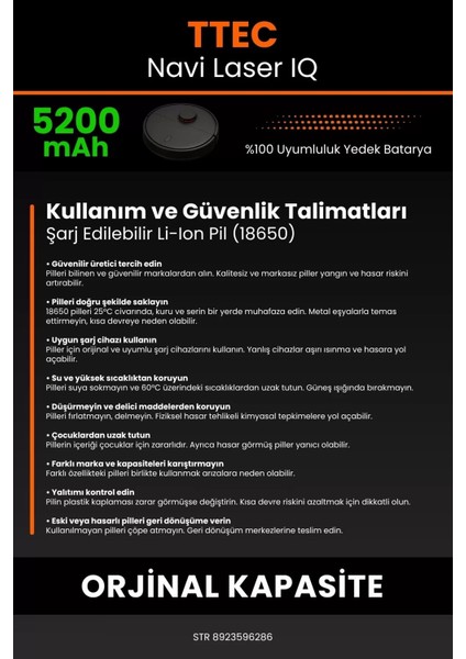 Robo- Mi Ttec Navi Laser Iq 5200MAH Robot Süpürge Bataryası - Sertifikalı Güvenlik, Gerçek Kapasite