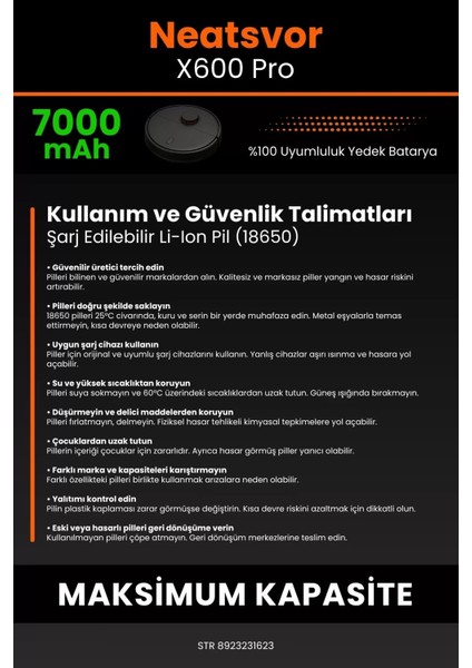 Robo- Mi Neatsvor X600 Pro 7000MAH Robot Süpürge Bataryası - Sertifikalı Güvenlik, Gerçek Kapasite