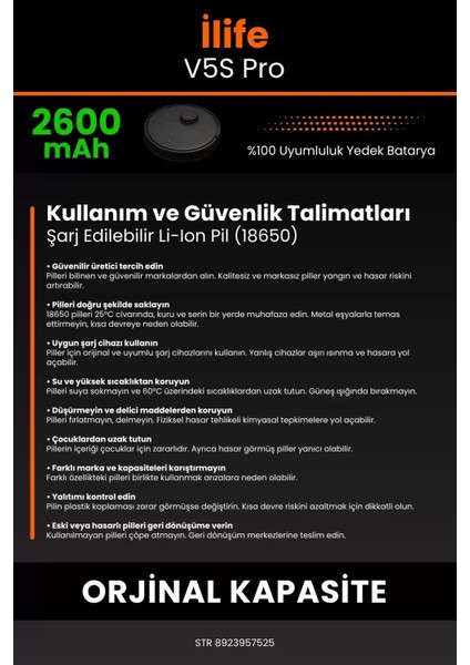 Ilife V5S Pro 2600MAH Robot Süpürge Bataryası - Gerçek Kapasite, Maksimum Güvenlik