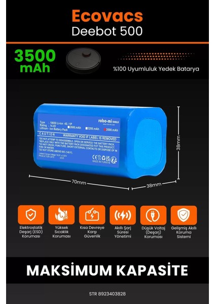 Robo- Mi Ecovacs Deebot 500 3500MAH Robot Süpürge Bataryası - Sertifikalı Güvenlik, Gerçek Kapasite fiyatları