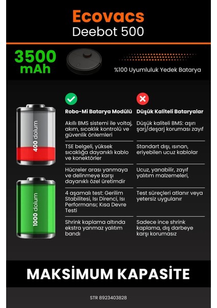 Robo- Mi Ecovacs Deebot 500 3500MAH Robot Süpürge Bataryası - Sertifikalı Güvenlik, Gerçek Kapasite