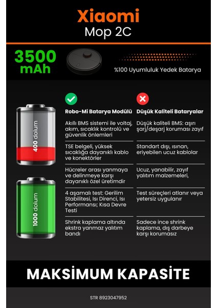 Xiaomi Mi Vacuum Mop 2c 3500MAH Robot Süpürge Bataryası - Gerçek Kapasite, Maksimum Güvenlik