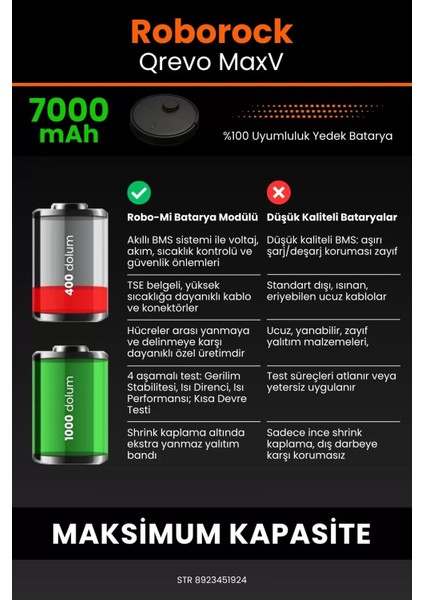 Roborock Qrevo Maxv 7000MAH Robot Süpürge Bataryası - Yüksek Yoğunluklu Li-Ion Hücre