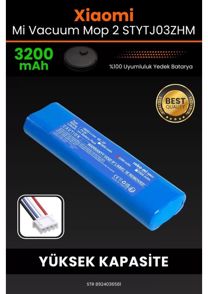 Robo- Mi Xiaomi Mi Vacuum Mop2 STYTJ03ZHM 3200MAH Robot Süpürge Bataryası - Yüksek Yoğunluklu Li- Ion Hücre