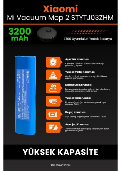 Robo- Mi Xiaomi Mi Vacuum Mop2 STYTJ03ZHM 3200MAH Robot Süpürge Bataryası - Yüksek Yoğunluklu Li- Ion Hücre indirimleri