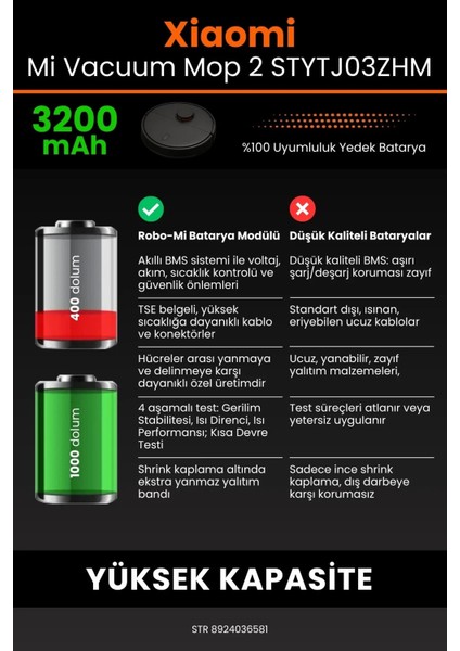 Robo- Mi Xiaomi Mi Vacuum Mop2 STYTJ03ZHM 3200MAH Robot Süpürge Bataryası - Yüksek Yoğunluklu Li- Ion Hücre