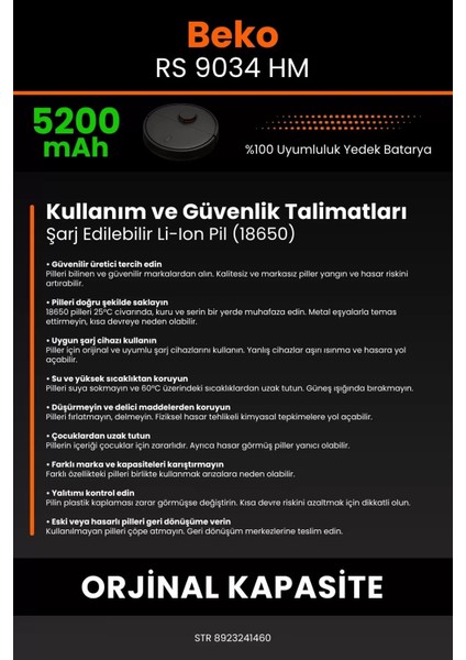 Beko Rs 9034 Hm 5200MAH Robot Süpürge Bataryası - Sertifikalı Güvenlik, Gerçek Kapasite