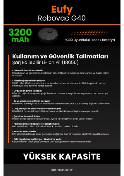 Robo- Mi Eufy Robovac G40 3200MAH Robot Süpürge Bataryası - Gerçek Kapasite, Maksimum Güvenlik