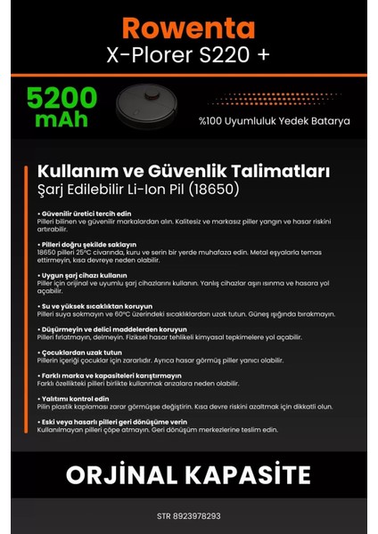 Robo- Mi Rowenta X- Plorer S220 + 5200MAH Robot Süpürge Bataryası - Sertifikalı Güvenlik, Gerçek Kapasite