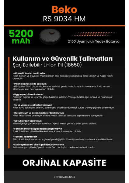Beko Rs 9034 Hm 5200MAH Robot Süpürge Bataryası - Koruma Katmanlı Batarya Teknolojisi