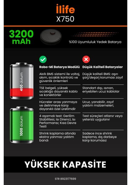 Ilife X750 3200MAH Robot Süpürge Bataryası - Koruma Katmanlı Batarya Teknolojisi