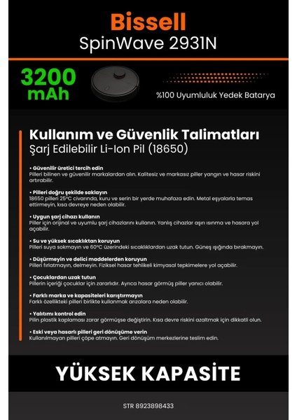 Robo- Mi Bissell Spinwave 2931N 3200MAH Robot Süpürge Bataryası - Yüksek Yoğunluklu Li- Ion Hücre