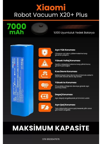 Xiaomi Robot Vacuum X20+ Plus 7000MAH Robot Süpürge Bataryası - Gerçek Kapasite, Maksimum Güvenlik indirimleri