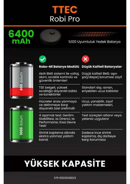 Ttec Robi Pro 6400MAH Robot Süpürge Bataryası - Gerçek Kapasite, Maksimum Güvenlik